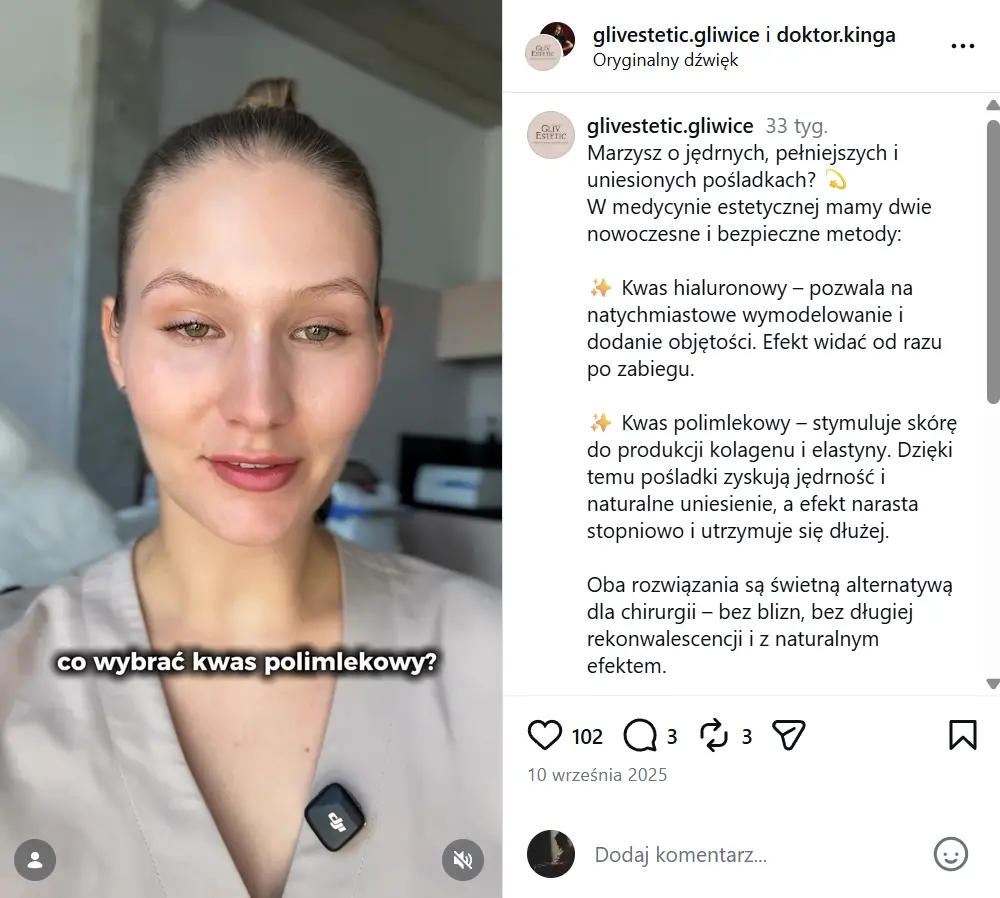 Grafika postu na instagarmie: Marzysz o jędrnych, pełniejszych i uniesionych pośladkach? Kwas polimlekowy – stymuluje skórę do produkcji kolagenu i elastyny. Dzięki temu pośladki zyskują jędrność i naturalne uniesienie, a efekt narasta stopniowo i utrzymuje się dłużej.